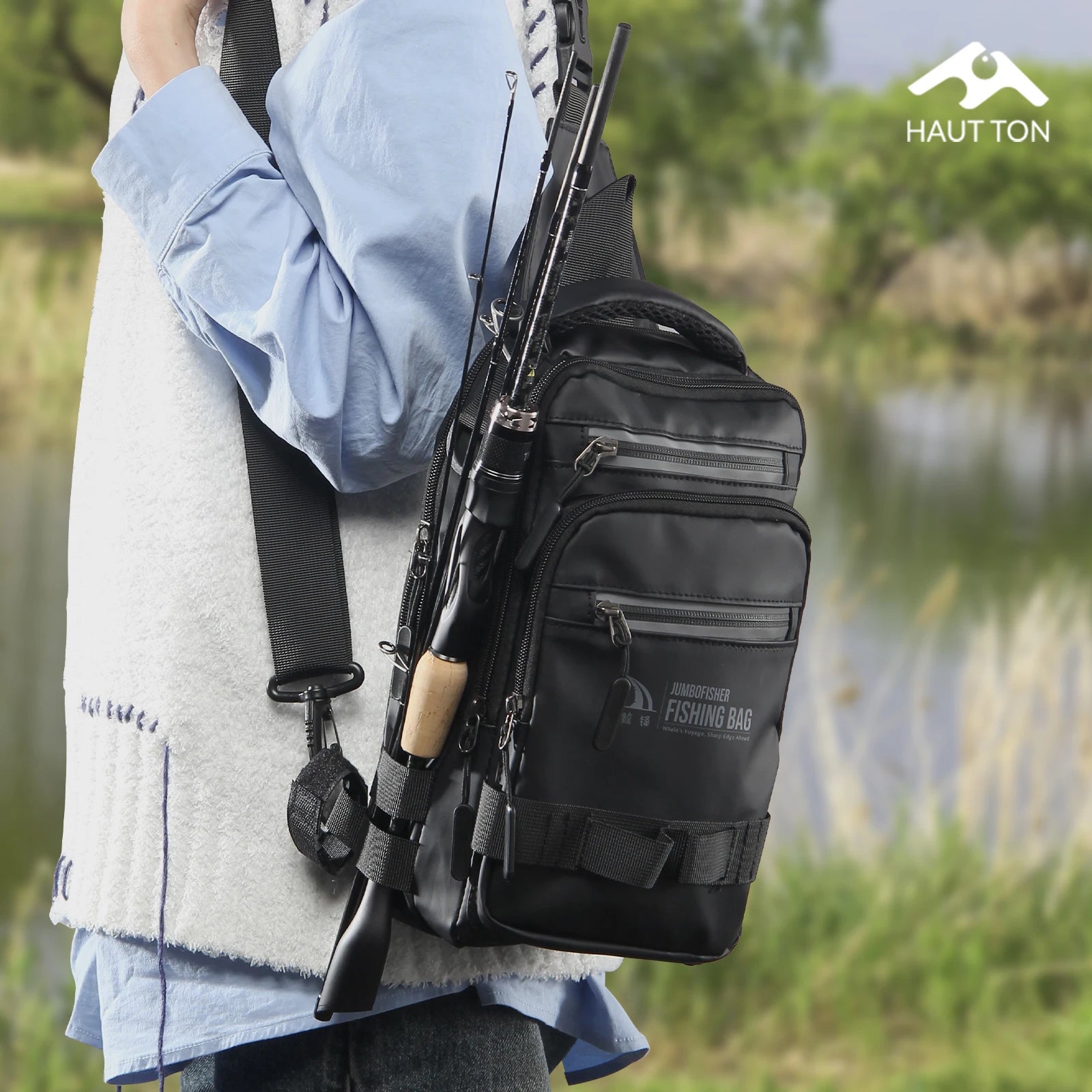HAUT TON Multifunctional Fishing Tackle Backpack With Rod Large Capacity Black Holders Camping Hiking Outdoor Shoulder Chest Bag