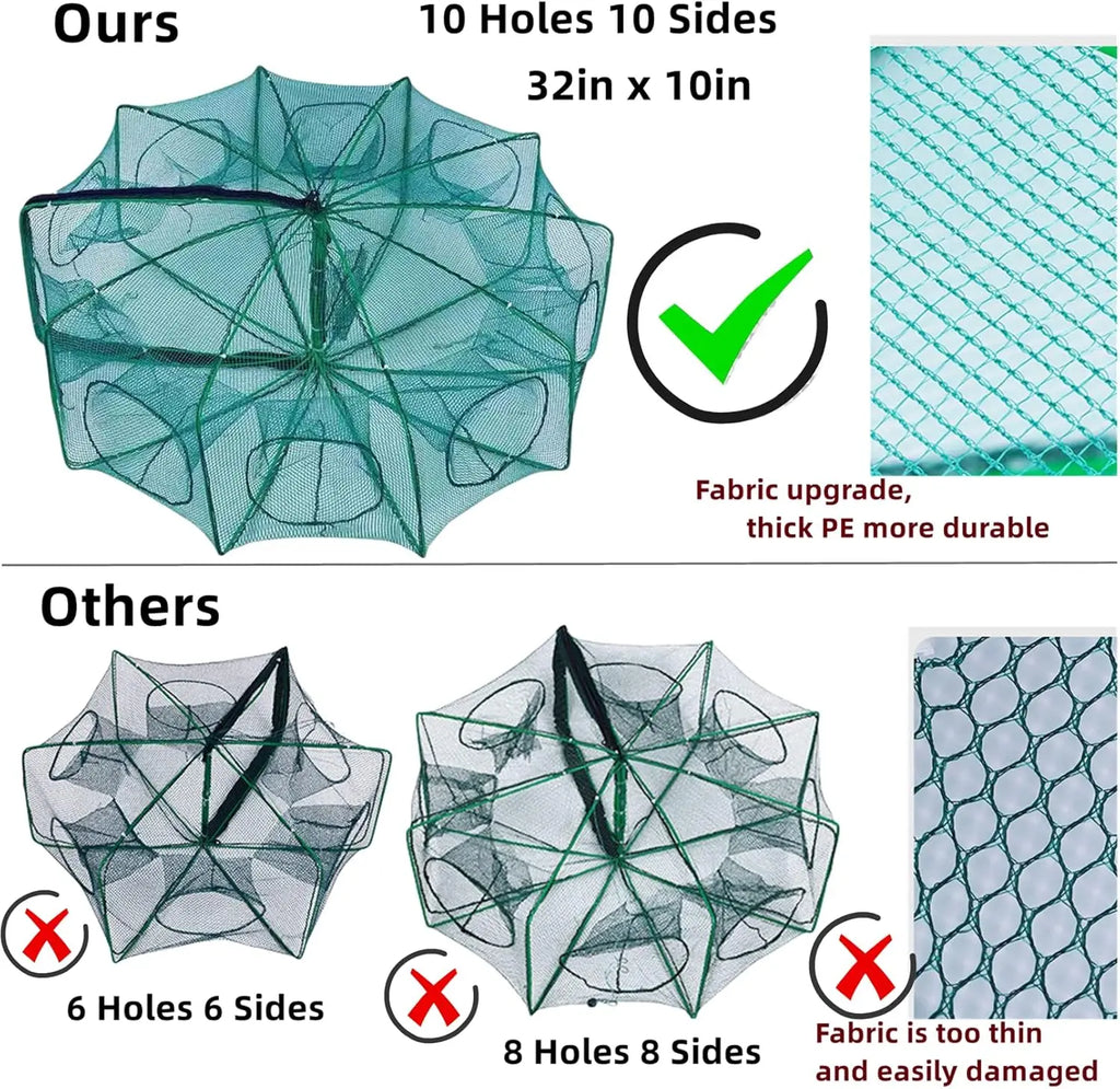 32in x 10in Folded Fishing Bait Trap with 10 Holes, Large Space for Fish/Crab/Shrimp/Crawdad, Includes Bait Bag and Rope