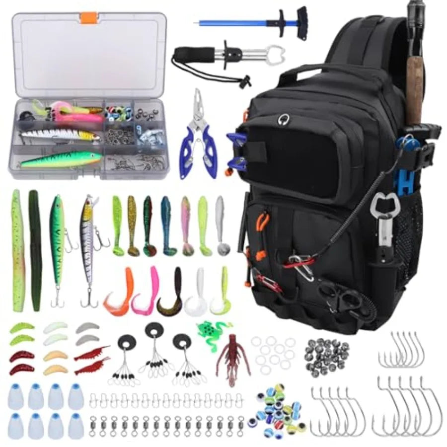 Fishing Backpack with Tackle BoxesWaterproof Fishing Shoulder Bag for Fishing Gear Fish Bag with 136 Pcs Fishing Lures Kit Fish